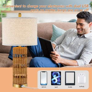 Rattan Table Lamp Set of 2 with USB Charging Ports – 28" Rustic Bedside Lamp