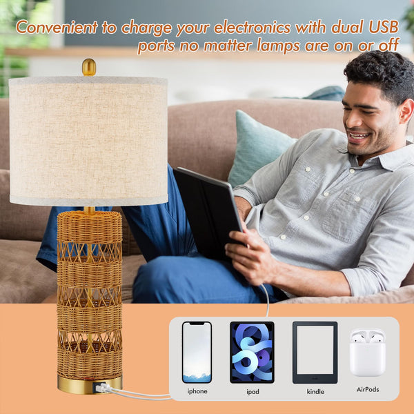 Rattan Table Lamp Set of 2 with USB Charging Ports – 28" Rustic Bedside Lamp