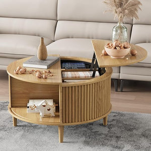 Round Fluted Lift Top Coffee Table with Storage & Sliding Cabinet Door