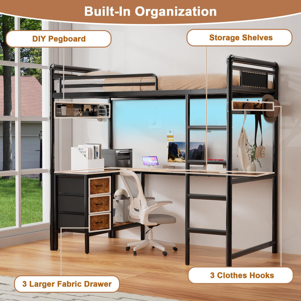 Twin Loft Bed with L-Shaped Desk, LED Lights & Storage