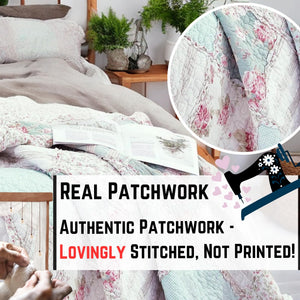 Cottage Patchwork Quilt Set – Mint Blue Pastel Floral