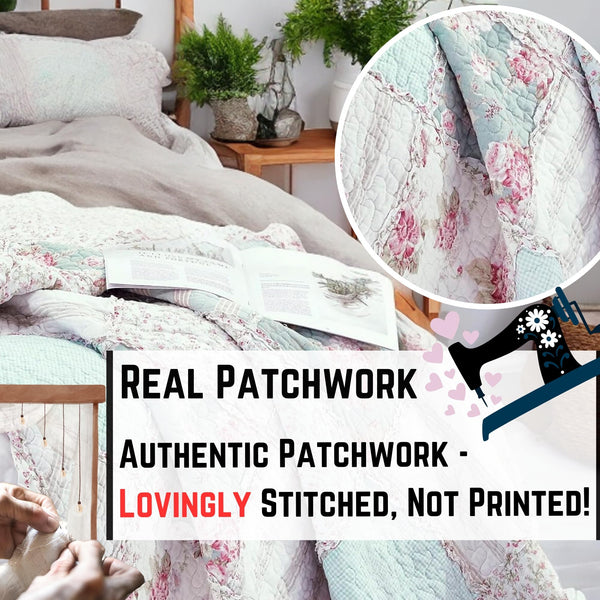 Cottage Patchwork Quilt Set – Mint Blue Pastel Floral