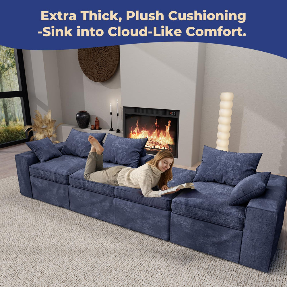Modular Cloud Sectional Sofa with Ottoman – L-Shape, 3-Seater, Blue