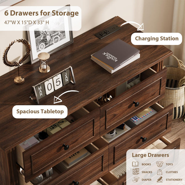 6-Drawer Dresser with Charging Station, 47" Wide – Dark Walnut