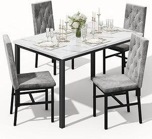 5-Piece Faux Marble Dining Table Set with Button Tufted Chairs