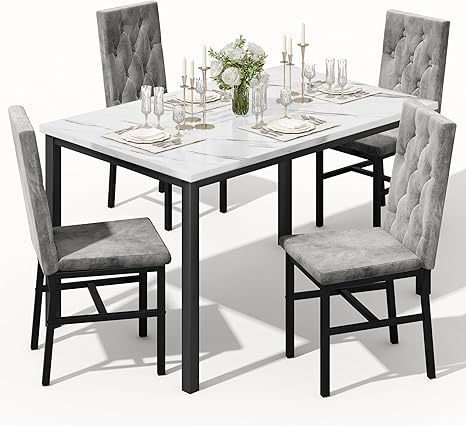 5-Piece Faux Marble Dining Table Set with Button Tufted Chairs