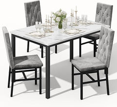 5-Piece Faux Marble Dining Table Set with Button-Tufted Chairs
