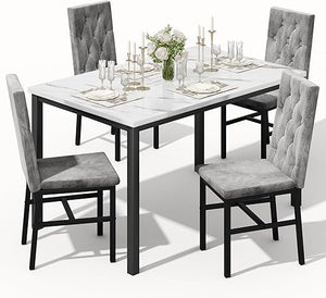 5-Piece Faux Marble Dining Table Set with Button-Tufted Chairs