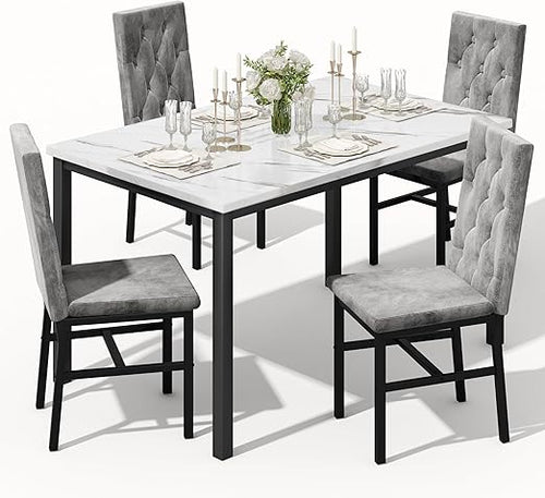 5-Piece Faux Marble Dining Table Set with Button-Tufted Chairs