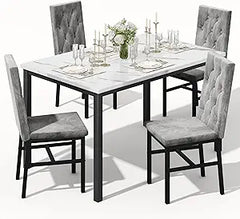 5-Piece Faux Marble Dining Table Set with Button-Tufted Chairs