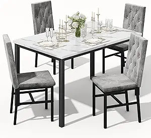 5-Piece Faux Marble Dining Table Set with Button-Tufted Chairs