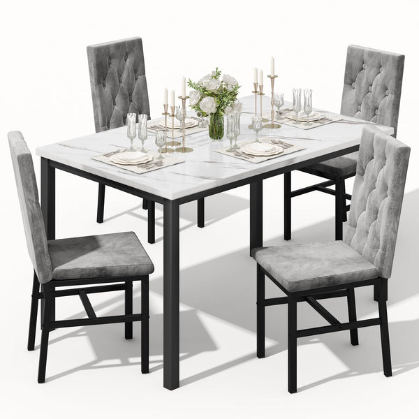 5-Piece Faux Marble Dining Table Set with Button-Tufted Chairs