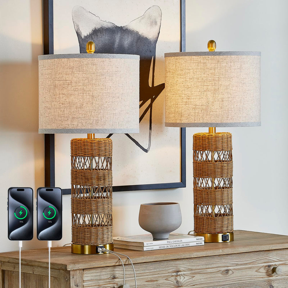 Rattan Table Lamp Set of 2 with USB Charging Ports – 28" Rustic Bedside Lamp