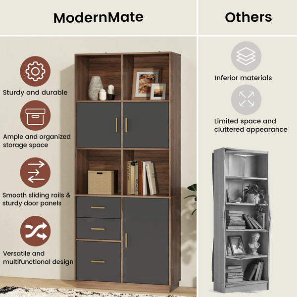 Tall Bookcase with Drawers, Doors & Open Shelves