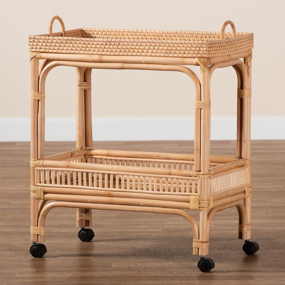 2-Tier Natural Rattan Wine Cart with Caster Wheels