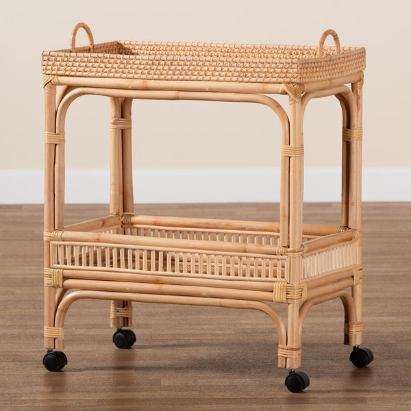2-Tier Natural Rattan Wine Cart with Caster Wheels