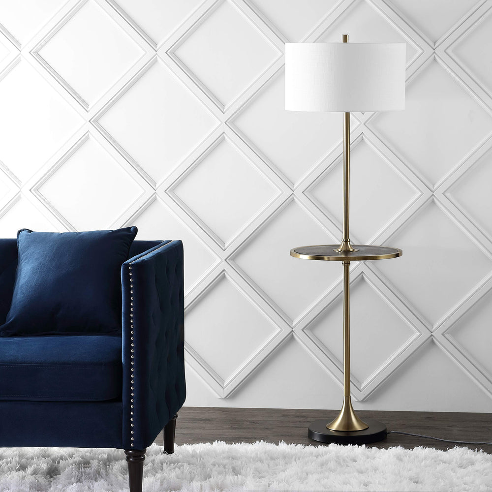 59" Floor Lamp with Integrated Wood Side Table – Black & Brass Gold