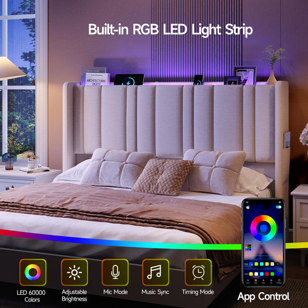 Queen Size Wingback Headboard with LED Light, Storage & Charging Station