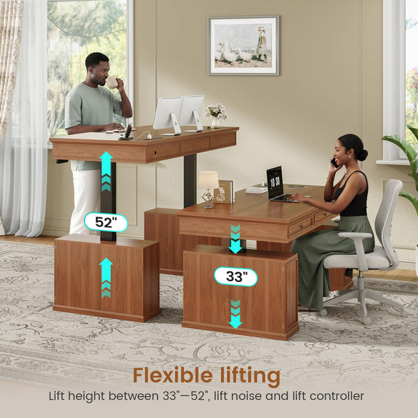 Farmhouse Electric Height-Adjustable Standing Desk with Drawers & Power Outlets