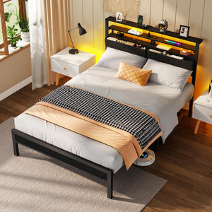 Full Size Platform Bed Frame with LED Lights, Charging Station & Storage Drawers