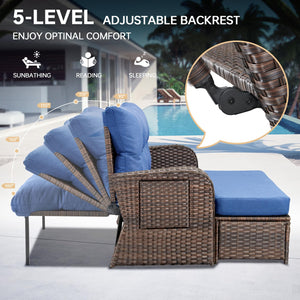 Outdoor Wicker Recliner Daybed Loveseat with Stowable Side Trays