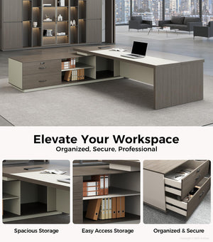 L-Shaped Executive Desk with Drawers & LED Lighting