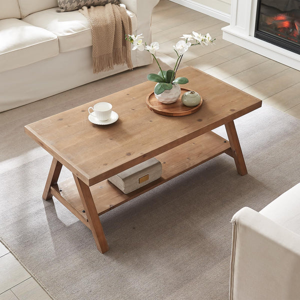 Rustic Farmhouse Coffee Table with 2-Tier Storage Shelf