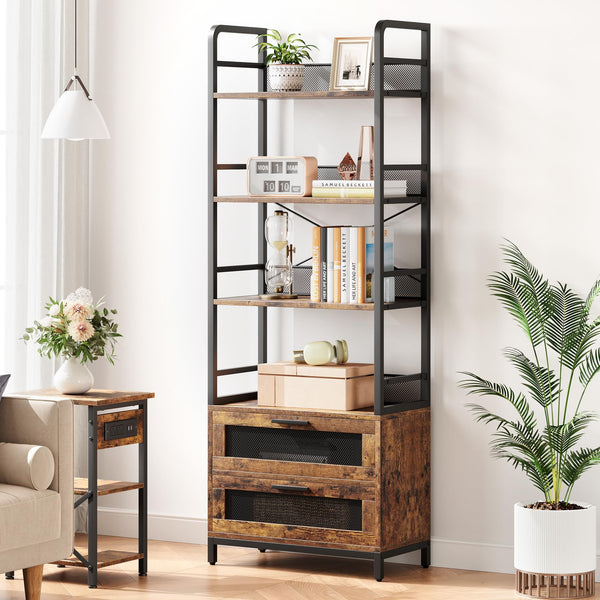 Industrial Bookshelf with Drawers & 4-Tier Open Shelves