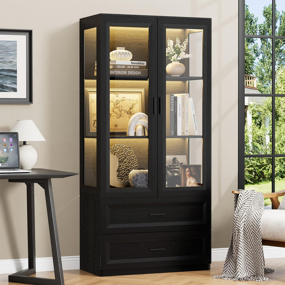 LED Display Cabinet with Acrylic Doors & Drawers — Black