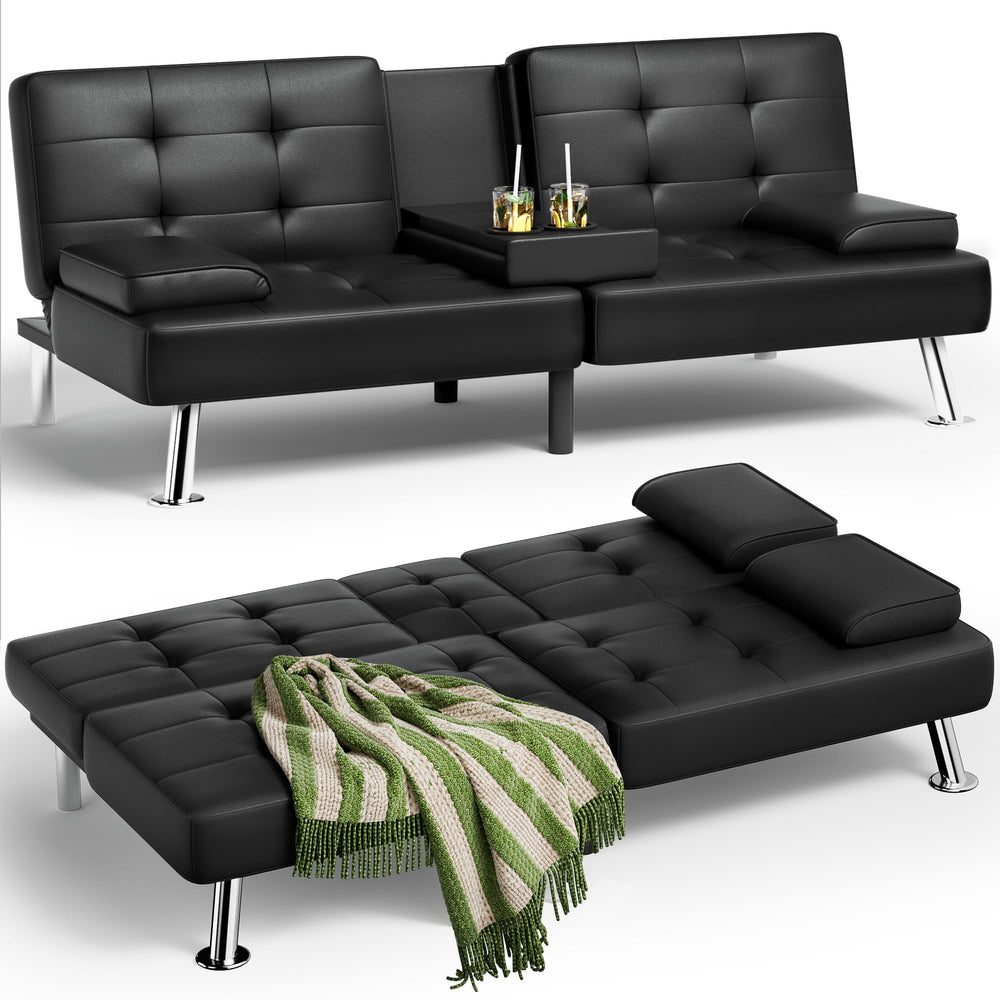 Convertible Futon Sofa Bed with Adjustable Backrest & Cup Holders