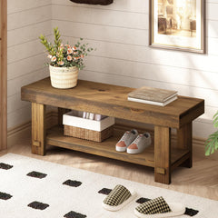 Solid Wood Entryway Bench with Storage Shelf