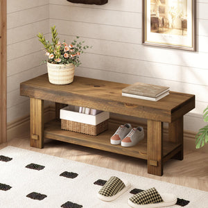 Solid Wood Entryway Bench with Storage Shelf