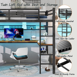 Twin Loft Bed with U-Shaped Desk, LED, Storage Drawers & Power Outlet