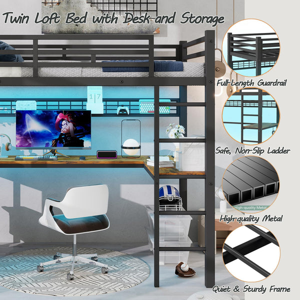 Twin Loft Bed with U-Shaped Desk, LED, Storage Drawers & Power Outlet