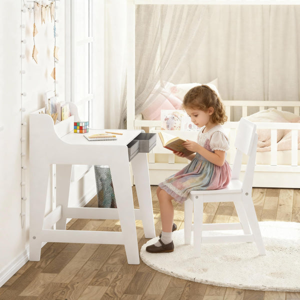 Kids Desk and Chair Set with LED Lamp, Tiltable Desktop & Storage Drawer