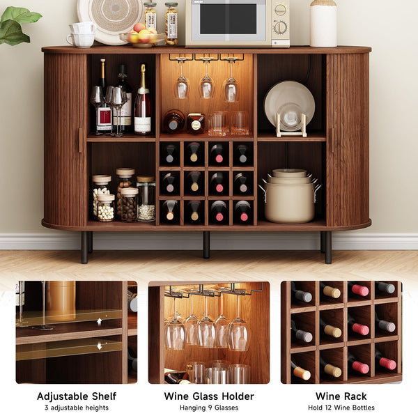 55" Wine Bar Cabinet with LED Light, Wine Rack & Glass Holder