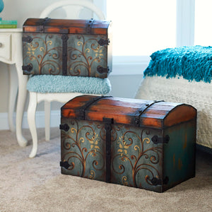 Vintage Wood Storage Trunk with Locking Lid — Blue & Brown