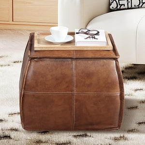 Genuine Leather Pouf Ottoman Footstool