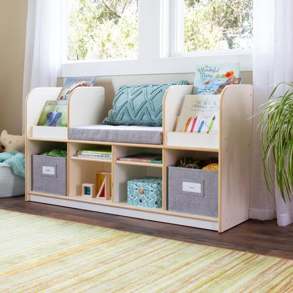 Kids Reading Nook Bookshelf Bench with Storage Bins, Shelves & Seat Cushion
