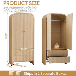 Arched Wardrobe Closet with Hanging Rod and 2 Drawers