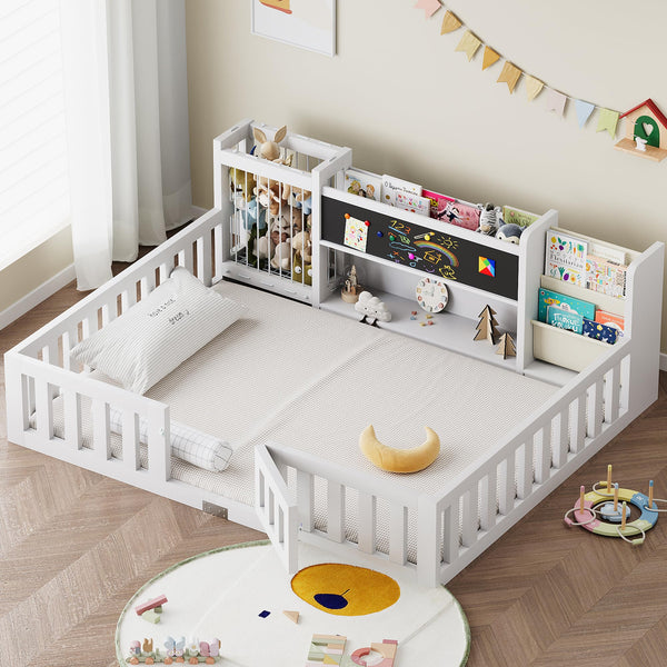 Montessori Floor Bed with Door, Guard Rails, Chalkboard & Bookshelf – Kids Bed Frame