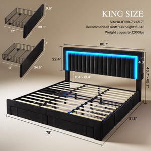 King Size Upholstered Bed Frame with Storage Drawers & RGB LED
