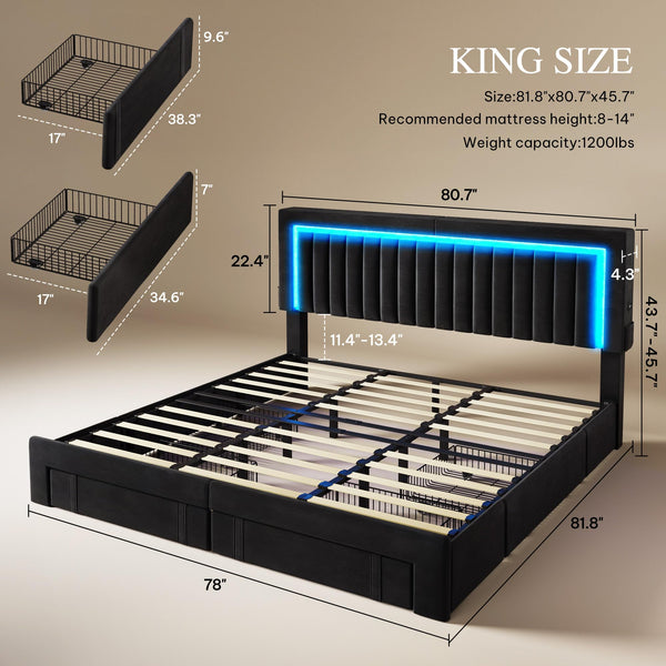 King Size Upholstered Bed Frame with Storage Drawers & RGB LED