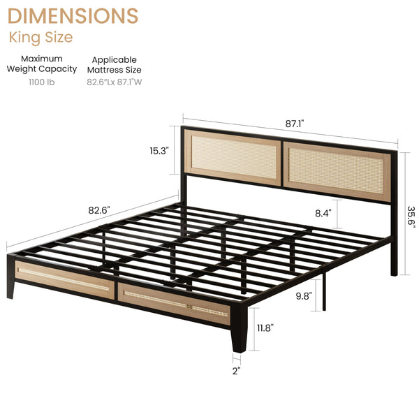 Boho Platform Bed Frame with Rattan Headboard & Underbed Storage