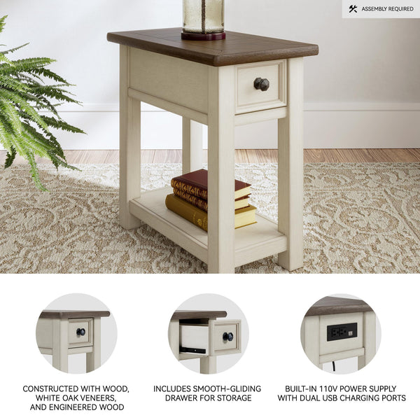 Farmhouse Chairside End Table with Charging Station and Drawer