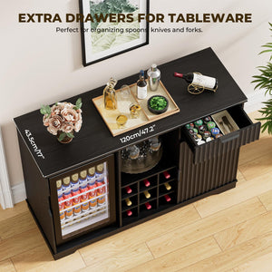 Coffee Bar Cabinet with Mini Fridge, Wine Rack & Glass Holder – Fluted Black