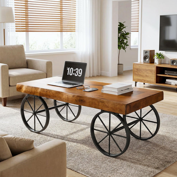 47" Industrial Live Edge Coffee Table – Solid Pine Wood & Metal Legs