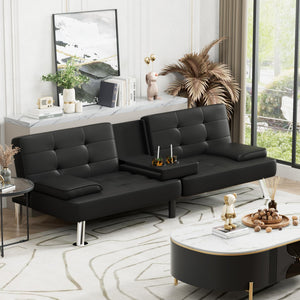 Convertible Futon Sofa Bed with Adjustable Backrest & Cup Holders