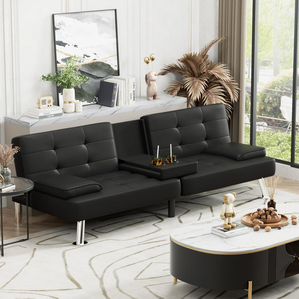 Convertible Futon Sofa Bed with Adjustable Backrest & Cup Holders