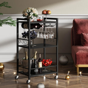 3-Tier Bar Cart with Wine Rack, Glass Holder & S-Hooks